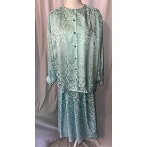 Vtg Cashimax 2 Pc Outfit Blouse Skirt 100% Silk Button Wrist Button Down Elastic